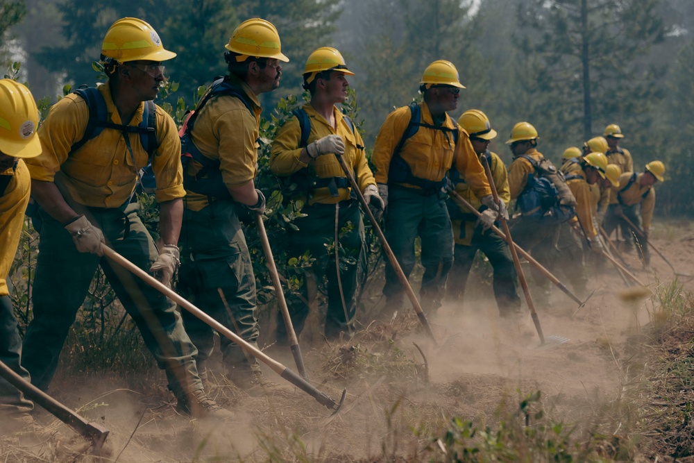 A large crew of wildland firefighters is working in a line formation, digging a fire line through dusty terrain. They are wearing standard wildland firefighting gear including yellow Nomex shirts, green pants, yellow hard hats, and work gloves. The crew appears to be actively constructing a hand line using hand tools in a smoky, forested environment.