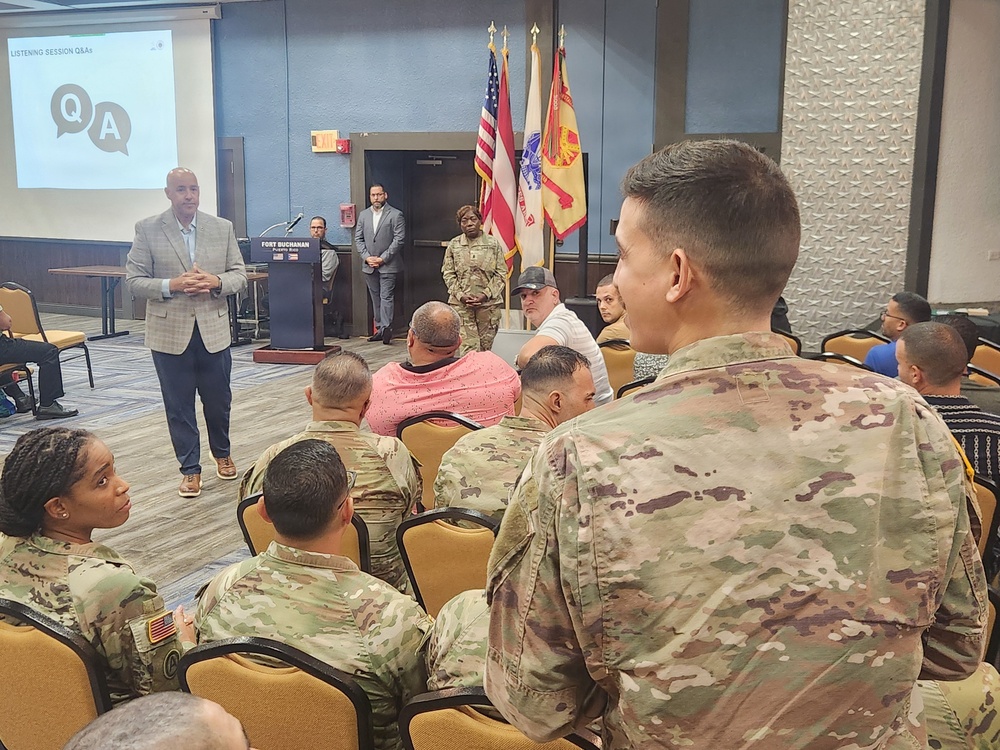 A formal listening session Q&amp;A is taking place at Fort Buchanan, Puerto Rico, with a civilian speaker addressing an audience of military personnel in OCP (Operational Camouflage Pattern) uniforms and some civilians. A podium bearing the 'Fort Buchanan Puerto Rico' insignia is visible at the front, with a projection screen displaying 'LISTENING SESSION Q&amp;As' and a Q&amp;A graphic. Several flags, including the U.S. flag and what appears to be military branch flags, are displayed in the background.