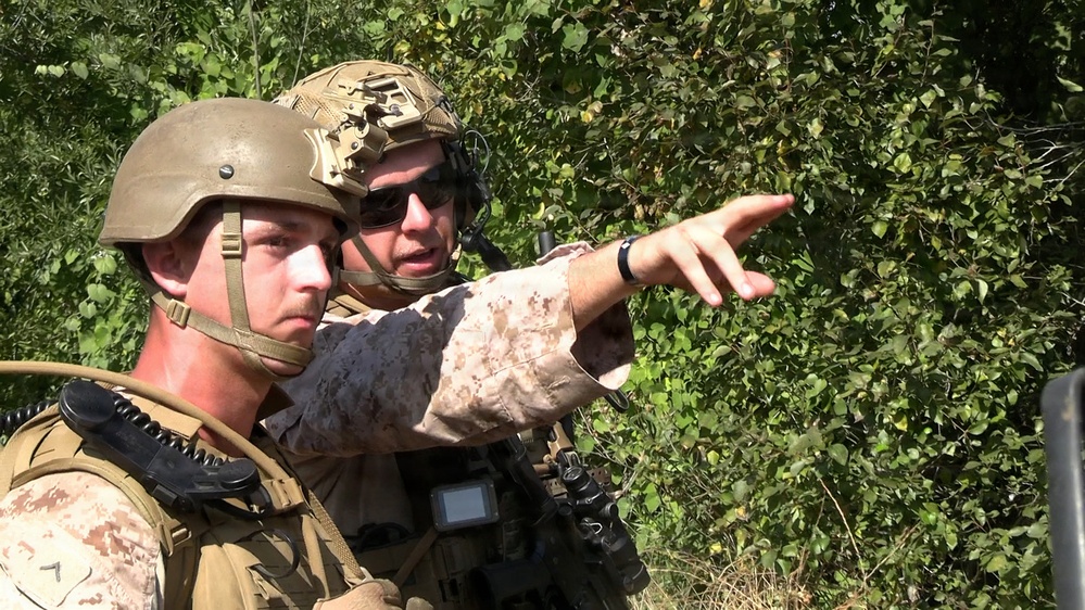 Two military personnel in combat gear are shown in an outdoor setting with dense vegetation in the background. One individual wearing sunglasses and a tactical helmet is pointing in a specific direction, appearing to brief or direct the other soldier. Both are equipped with body armor, helmets, and communication equipment consistent with U.S. Marine Corps desert MARPAT camouflage uniforms.