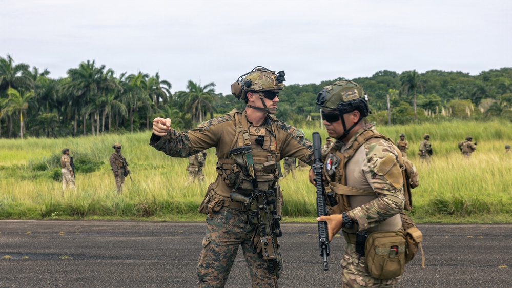 Two heavily equipped military personnel in different camouflage patterns are engaged in what appears to be a briefing or coordination on a tarmac or paved surface. The foreground soldier, wearing MARPAT (Marine pattern) camouflage with advanced helmet-mounted optics, is gesturing directionally toward another soldier in multicam pattern. Additional military personnel are visible in the background on a grassy field bordered by tropical vegetation.