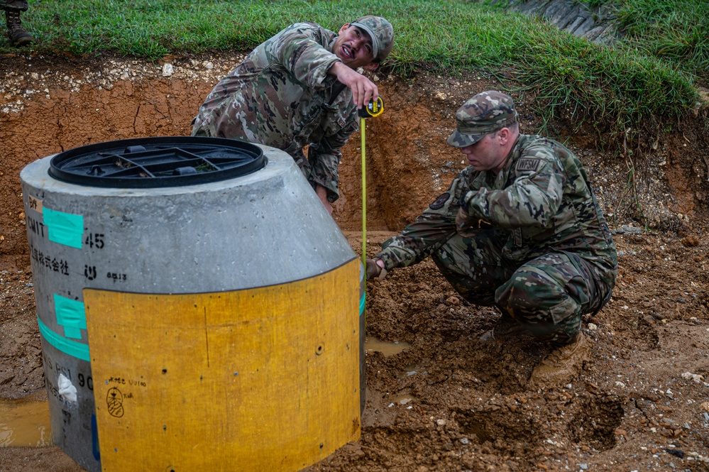Two military personnel in OCP (Operational Camouflage Pattern) uniforms are measuring a large concrete cylindrical structure, likely a manhole or drainage unit, that has been partially installed in an excavated trench. One soldier leans over the top holding a tape measure while the other crouches at ground level holding the opposite end. The concrete structure has yellow and gray banding with Japanese text markings, suggesting this activity is taking place at a U.S. military installation in Japan.