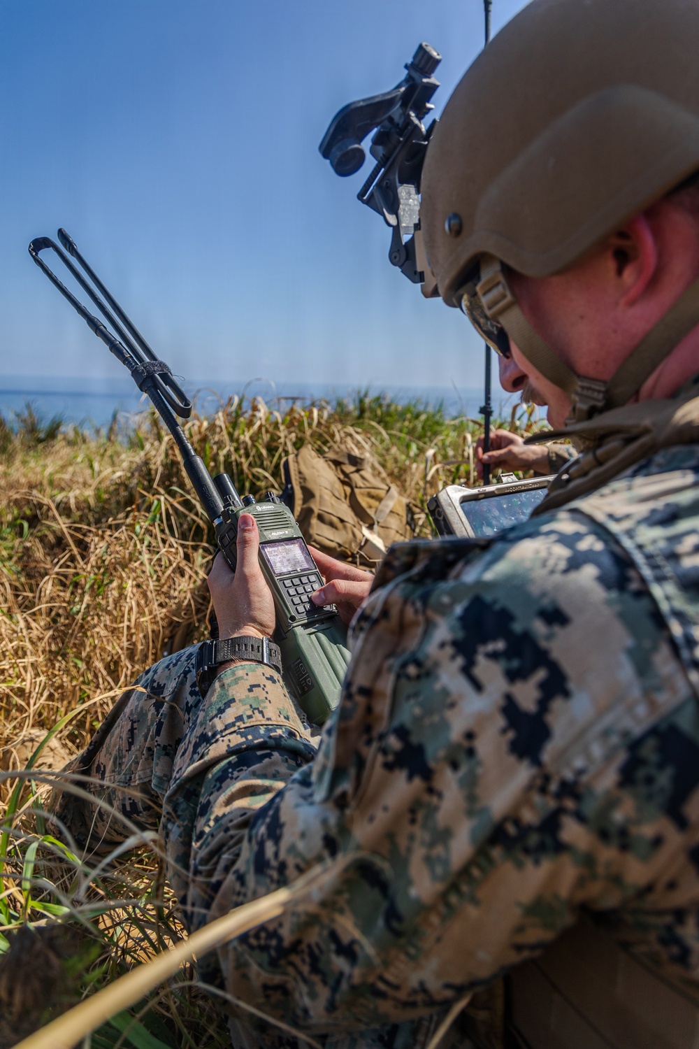 A military service member in MARPAT digital camouflage uniform is positioned in a concealed outdoor location among tall dry grass near a body of water. The individual is operating a handheld military radio (appears to be a Falcon III or similar tactical radio) while also referencing a ruggedized tablet device. The setting suggests a field training exercise or operational reconnaissance position.
