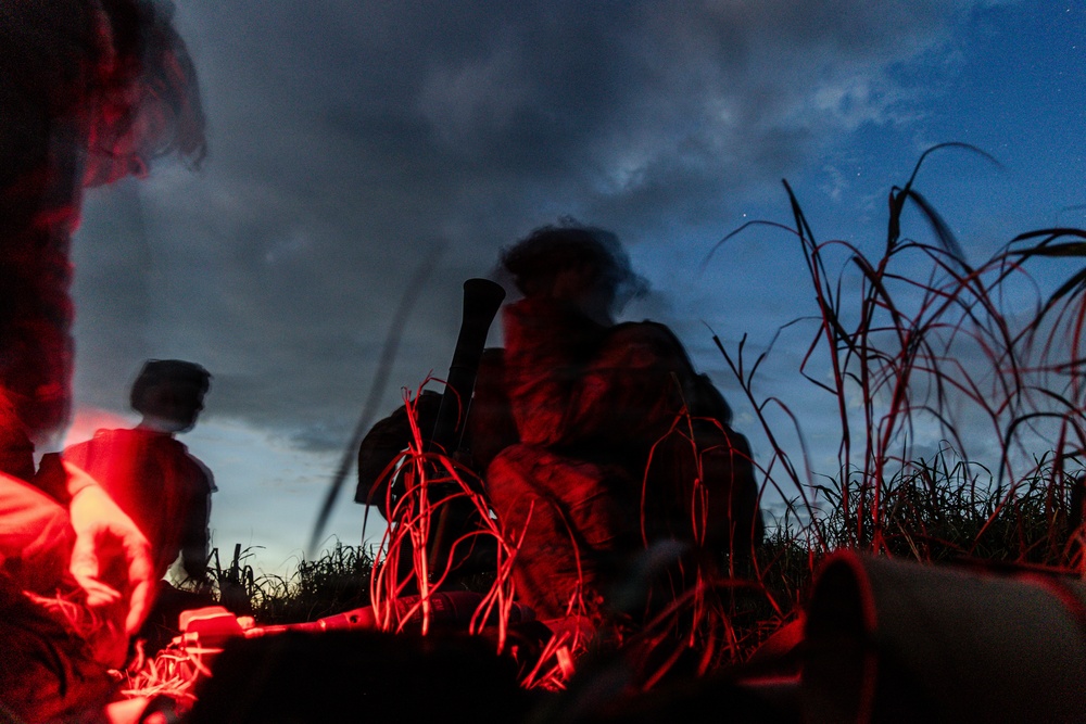 A nighttime scene illuminated by red light showing what appear to be military or tactical personnel crouching in tall grass or vegetation. The image is taken from a low ground-level angle, with a dramatic twilight sky featuring clouds and faint stars visible in the background. The red light source casts strong shadows and silhouettes, creating a high-contrast, atmospheric composition.