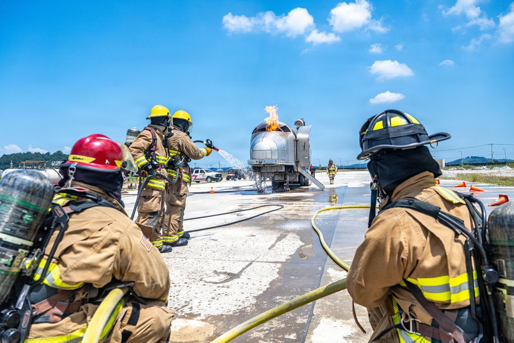 A group of firefighters in full protective gear and SCBA (Self-Contained Breathing Apparatus) are conducting a live fire training exercise on what appears to be an airfield or tarmac. They are directing water hoses at a silver aircraft fuselage mockup that has an active flame burning on top. The scene is set under a clear blue sky with scattered clouds during daytime.