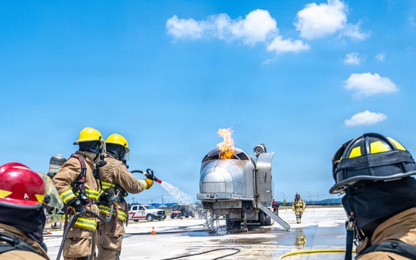 A group of firefighters in full protective gear and SCBA (Self-Contained Breathing Apparatus) are conducting a live fire training exercise on what appears to be an airfield or tarmac. They are directing water hoses at a silver aircraft fuselage mockup that has an active flame burning on top. The scene is set under a clear blue sky with scattered clouds during daytime.