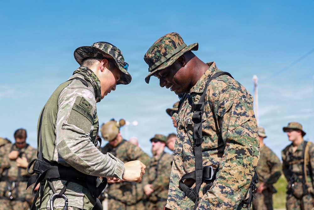 Two military personnel in different camouflage uniforms are engaged in a close interaction, appearing to inspect or adjust rappelling/climbing harness equipment. The soldier on the left wears what appears to be a Korean military uniform with Hangul script patches, while the soldier on the right wears USMC MARPAT digital camouflage. A group of additional military personnel in similar gear are visible in the background, suggesting a joint training exercise.