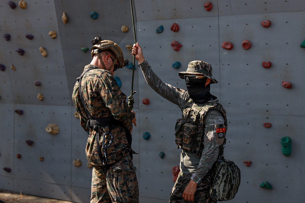 Two military personnel are standing in front of a climbing wall, engaged in what appears to be rappelling or rope training. One soldier wearing MARPAT digital camouflage and a tactical helmet is being assisted or instructed by a second soldier in a different camouflage pattern who is holding a rope overhead. The setting suggests a military training facility with a multi-colored rock climbing wall in the background.