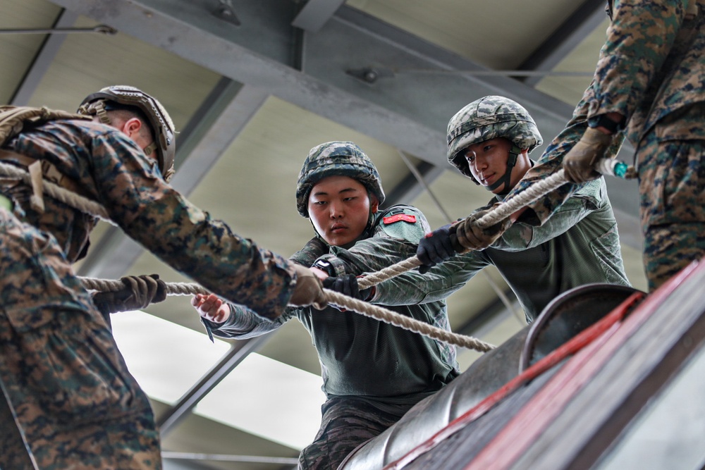 Military personnel from at least two different armed forces are engaged in a rope-based training exercise, likely a rappelling or obstacle course activity. Two soldiers wearing olive-green uniforms with helmets and red-accented patches are working with thick rope lines alongside personnel in MARPAT (US Marine) digital camouflage uniforms. The setting appears to be an indoor or covered training facility with visible steel structural beams overhead.