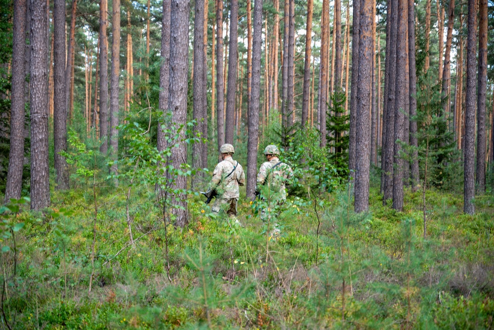 Two military personnel in camouflage uniforms and helmets are patrolling through a dense coniferous forest. They are moving away from the camera through undergrowth and low vegetation. The setting appears to be a northern European pine forest based on the tall, slender tree trunks and ground cover.