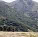 A group of approximately five soldiers in camouflage uniforms and tactical gear are positioned on a hilltop ridge overlooking a densely forested mountain valley. They appear to be observing or surveying the terrain below, with a large green mountain range serving as the backdrop. The scene suggests a military patrol or reconnaissance operation in a mountainous, rural environment.