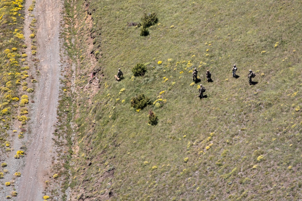 An aerial photograph shows a group of approximately 6-7 individuals in what appears to be military or tactical gear dispersed across a green, open field dotted with yellow flowering shrubs. A dirt/gravel road runs along the left side of the image. The personnel appear to be conducting a patrol, sweep, or field exercise in a semi-arid grassland environment.
