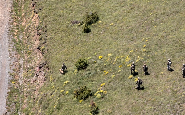 An aerial photograph shows a group of approximately 6-7 individuals in what appears to be military or tactical gear dispersed across a green, open field dotted with yellow flowering shrubs. A dirt/gravel road runs along the left side of the image. The personnel appear to be conducting a patrol, sweep, or field exercise in a semi-arid grassland environment.