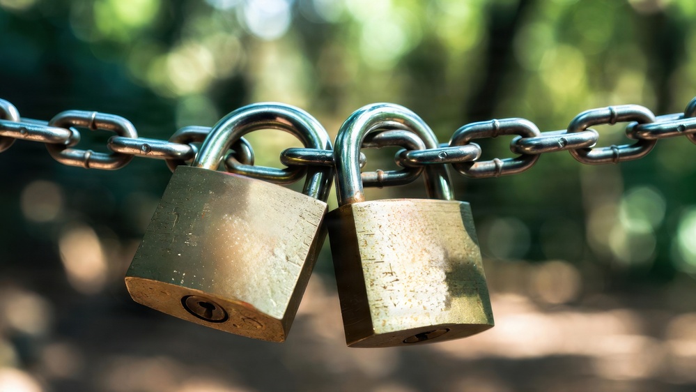The image shows two brass padlocks hanging on a metal chain against a blurred outdoor background. Both padlocks are closed and secured through chain links, showing signs of weathering and age. The shallow depth of field keeps the locks in sharp focus while the green foliage background is heavily bokeh'd.