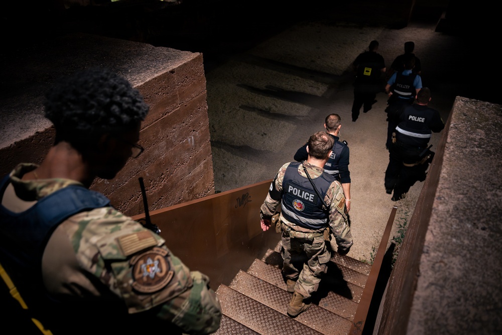 A group of law enforcement and military personnel are descending or ascending a staircase in what appears to be an outdoor urban or industrial environment at night or in low-light conditions. Personnel are wearing a mix of military camouflage uniforms and police tactical vests. The scene suggests a joint law enforcement and military operation or training exercise.
