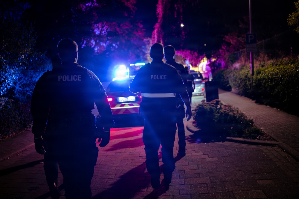 A nighttime scene showing multiple police officers walking toward an active scene illuminated by blue emergency lights from a police vehicle. The officers are viewed from behind, wearing uniforms with 'POLICE' printed on the back. The setting appears to be a residential street with brick paving, hedges, and trees.