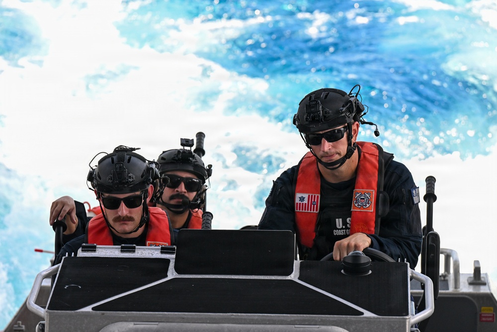 U.S. Coast Guard and partner nations conduct a pursuit exercise at sea during PANAMAX 2026