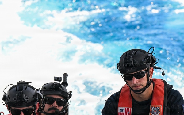 U.S. Coast Guard and partner nations conduct a pursuit exercise at sea during PANAMAX 2026