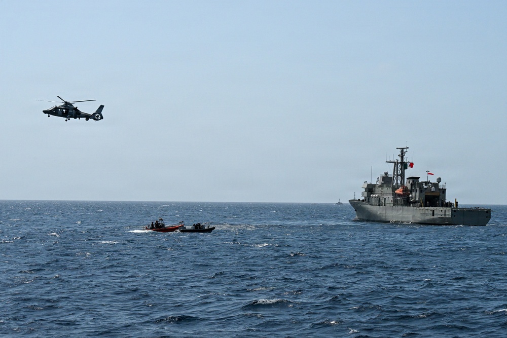 U.S. Coast Guard and partner nations conduct a pursuit exercise at sea during PANAMAX 2026