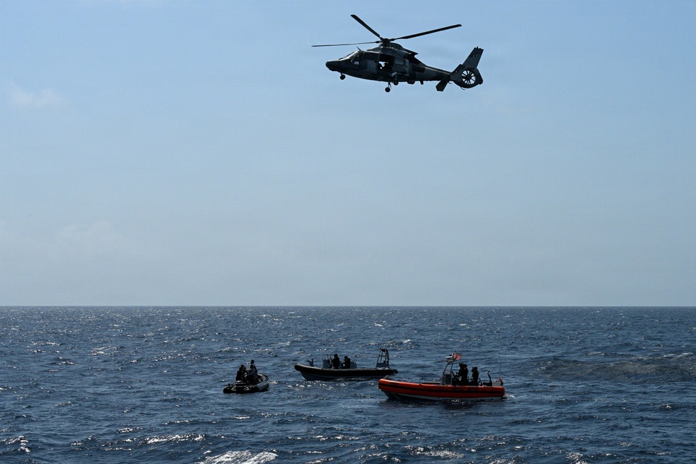 U.S. Coast Guard and partner nations conduct a pursuit exercise at sea during PANAMAX 2026