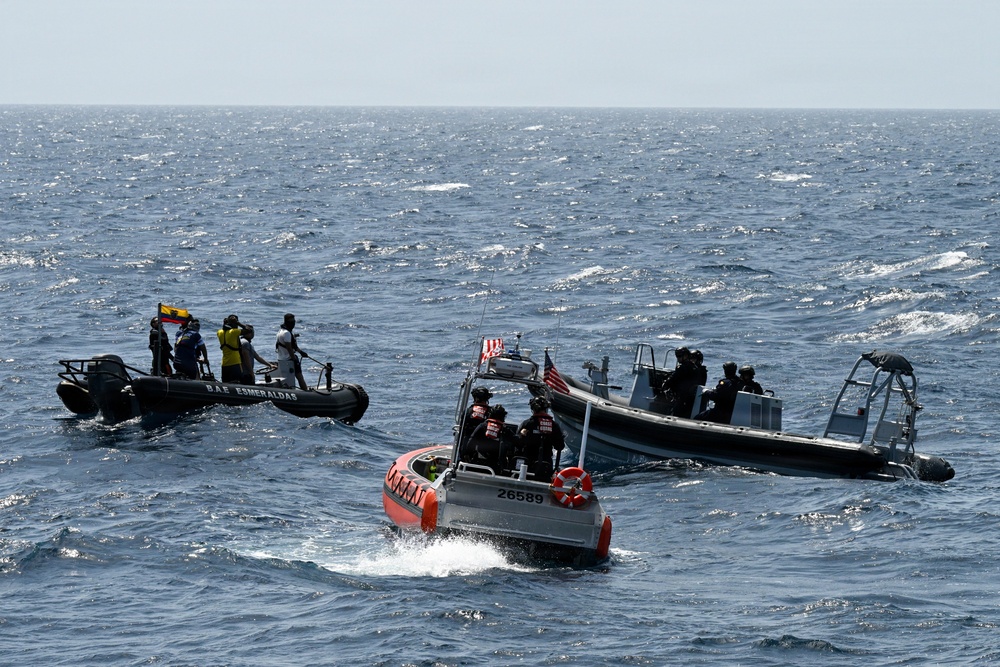 U.S. Coast Guard and partner nations conduct a pursuit exercise at sea during PANAMAX 2026