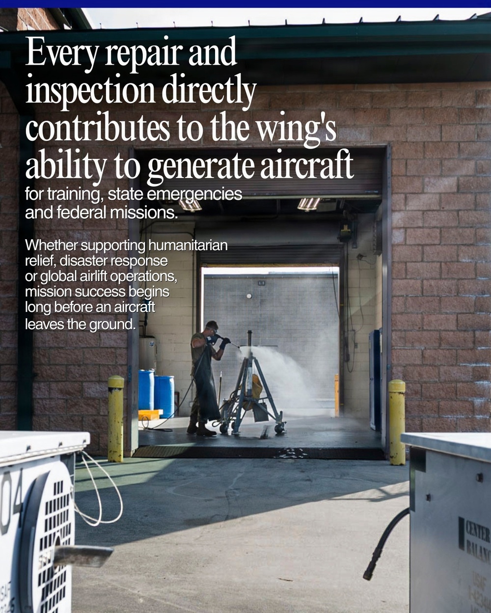 A promotional or informational image featuring a worker using a pressure washer or spray equipment inside an industrial bay or hangar doorway. Overlaid text emphasizes the importance of aircraft maintenance and inspection for military or aviation wing operations. The setting appears to be a maintenance facility supporting aircraft readiness for training and federal missions.