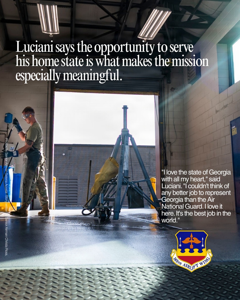 A promotional image from the 165th Airlift Wing of the Georgia Air National Guard featuring a service member working in a hangar bay. The image includes an overlaid quote from a person named Luciani expressing pride in serving the state of Georgia. The graphic is credited to Senior Airman Selena Acosta (photos) and Senior Airman Christa Ross (story).