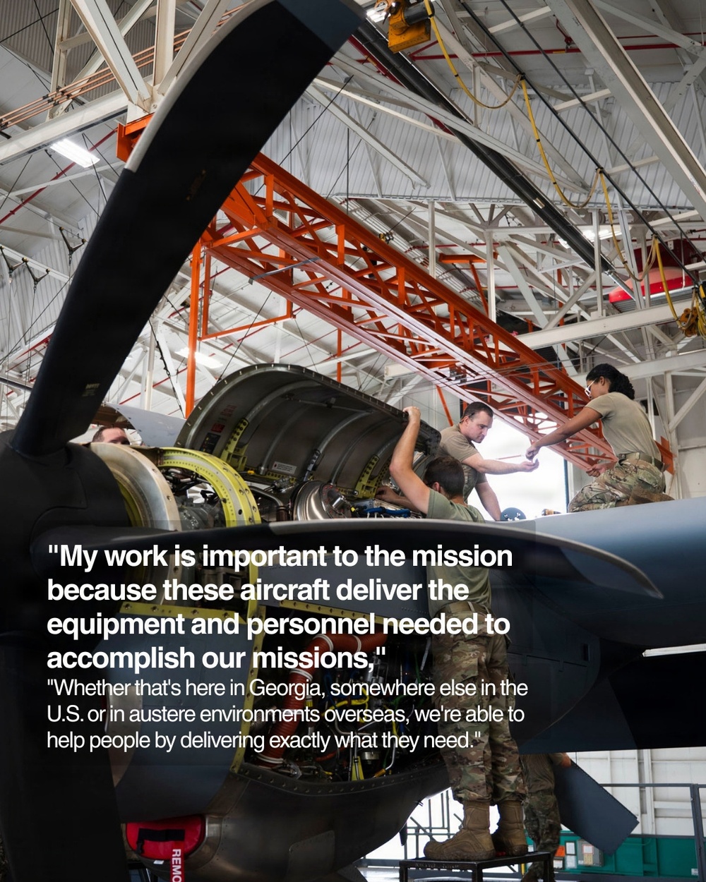 Military personnel are performing maintenance on a turboprop aircraft engine inside a large hangar facility. The image is overlaid with a motivational quote referencing mission support operations based in Georgia. The scene depicts active aircraft maintenance work with multiple technicians working simultaneously on the engine compartment.