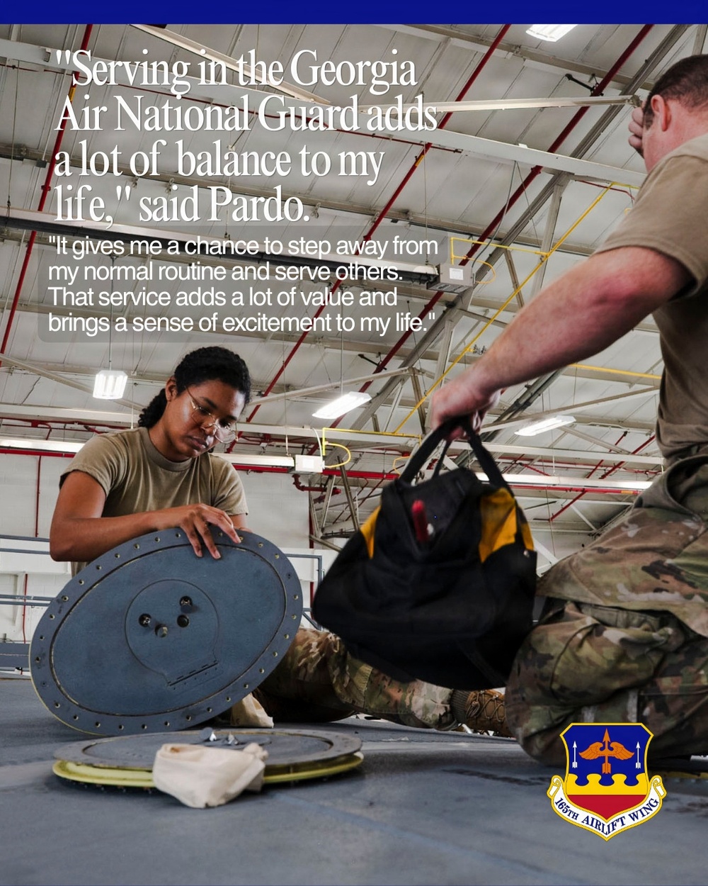 A promotional image for the Georgia Air National Guard's 165th Airlift Wing featuring two service members performing aircraft maintenance work inside a hangar. The image includes a quote from a member named Pardo about the value of serving in the Guard. The personnel appear to be working on an aircraft access panel or hatch.