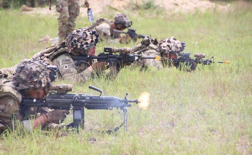 A line of soldiers in camouflage uniforms and helmet covers are in a prone firing position in a grassy field. At least one weapon (a light machine gun in the foreground) is visibly firing, indicated by a muzzle flash. The soldiers appear to be U.S. Army personnel, with at least one patch bearing an American flag visible.