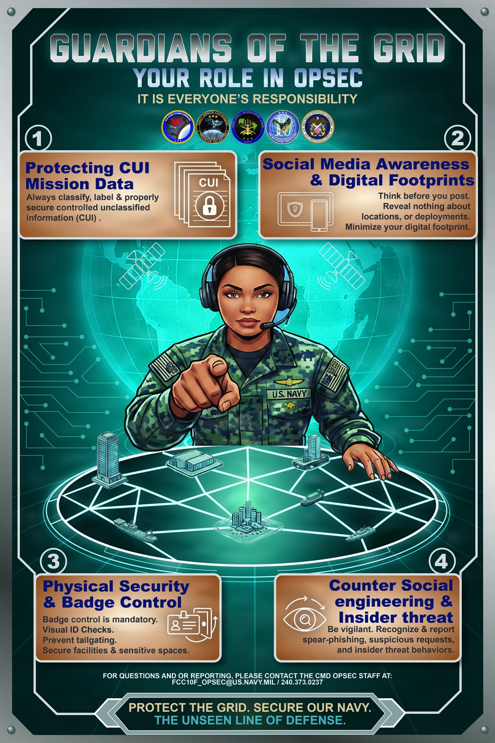 This is a U.S. Navy OPSEC (Operational Security) awareness poster titled 'Guardians of the Grid' featuring an illustrated female U.S. Navy service member in camouflage uniform pointing at the viewer. The poster outlines four key OPSEC responsibilities: protecting CUI mission data, social media awareness, physical security and badge control, and countering social engineering and insider threats. It concludes with the tagline 'Protect the Grid. Secure Our Navy. The Unseen Line of Defense.'