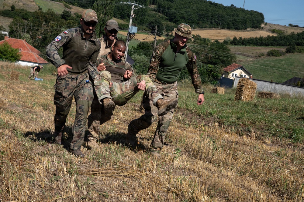 Four military personnel in camouflage uniforms are conducting a casualty evacuation drill on a grassy hillside. Three soldiers are carrying a fourth in a field-expedient carry technique, suggesting a combat casualty care or MEDEVAC training exercise. The setting appears to be a rural European environment with farmhouses and rolling hills visible in the background.
