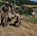 Four military personnel in camouflage uniforms are conducting a casualty evacuation drill on a grassy hillside. Three soldiers are carrying a fourth in a field-expedient carry technique, suggesting a combat casualty care or MEDEVAC training exercise. The setting appears to be a rural European environment with farmhouses and rolling hills visible in the background.