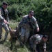 Several military personnel in camouflage uniforms are conducting what appears to be a casualty evacuation drill or rescue exercise in an outdoor, vegetated terrain. Two soldiers are carrying or dragging a third person wearing a tactical helmet through brush and tall grass. A fourth individual in the background appears to be observing or documenting the exercise.