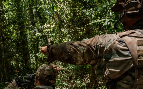 Two military personnel in multicam camouflage uniforms are conducting operations in a dense jungle environment. One soldier, wearing a Peruvian flag patch on their back, is in a kneeling position aiming a rifle with an optic scope, while a second soldier stands behind them pointing forward, apparently directing or coordinating. The setting appears to be a tropical rainforest, consistent with the Peruvian Amazon region.