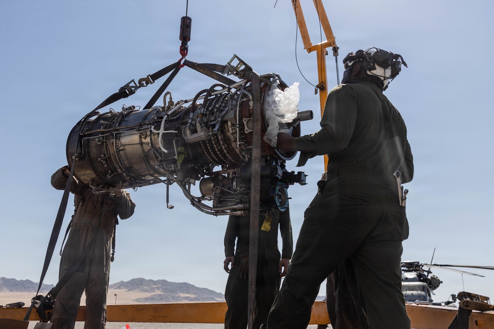 U.S. Marines conduct engine repairs for CH-53 Super Stallions at MCAGCC