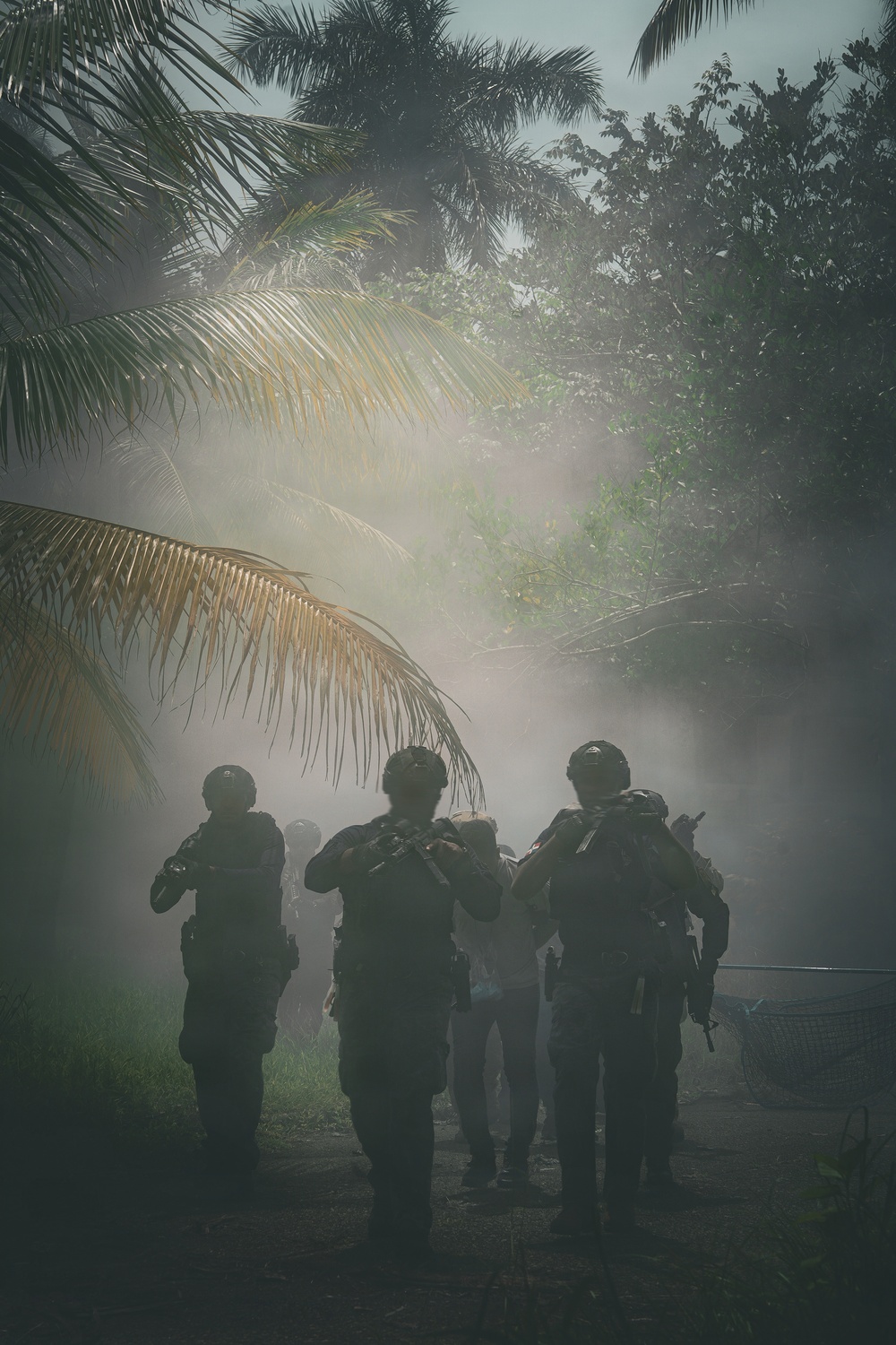 The image shows a group of heavily armed and equipped tactical/military personnel silhouetted against a smoke-filled tropical environment with palm trees and dense vegetation. The figures are viewed from behind, carrying weapons and wearing full tactical gear including helmets. The scene has a dramatic, atmospheric quality due to the heavy smoke or fog diffusing the available light.