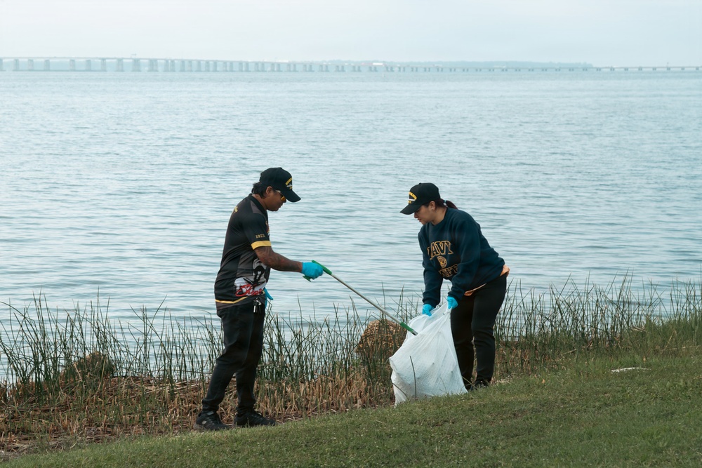 Sailors, retirees, and civilians from around the base volunteered to remove trash and other debris along the St. Johns River shoreline