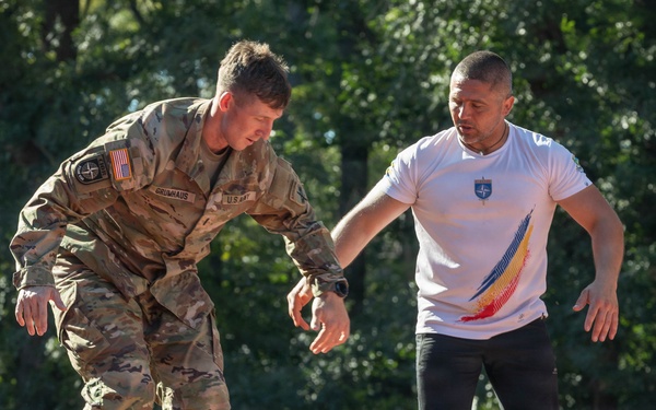 Two individuals are standing on an elevated narrow beam or plank structure, appearing to navigate a balance obstacle course. One person is wearing U.S. Army multicam uniform with an American flag and NATO patch, while the other wears a white t-shirt featuring what appears to be Romanian national colors. The setting appears to be an outdoor military training or obstacle course environment.