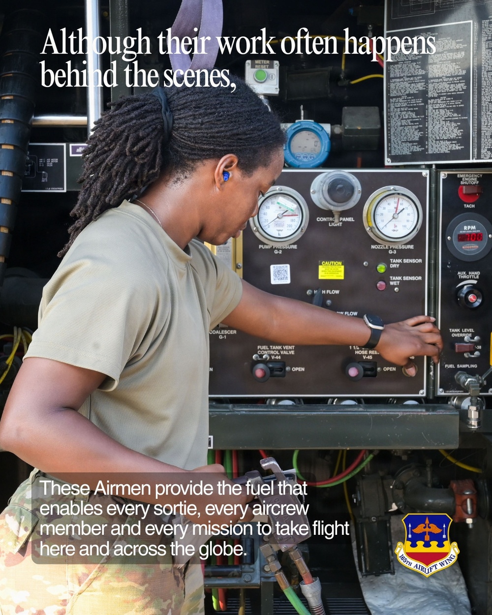 A military airman in uniform operates a fuel control panel on what appears to be a fuel truck or refueling equipment. The image is part of a promotional graphic for the 165th Airlift Wing, highlighting the behind-the-scenes work of fueling personnel. Overlaid text emphasizes the critical role these airmen play in enabling military flight operations.