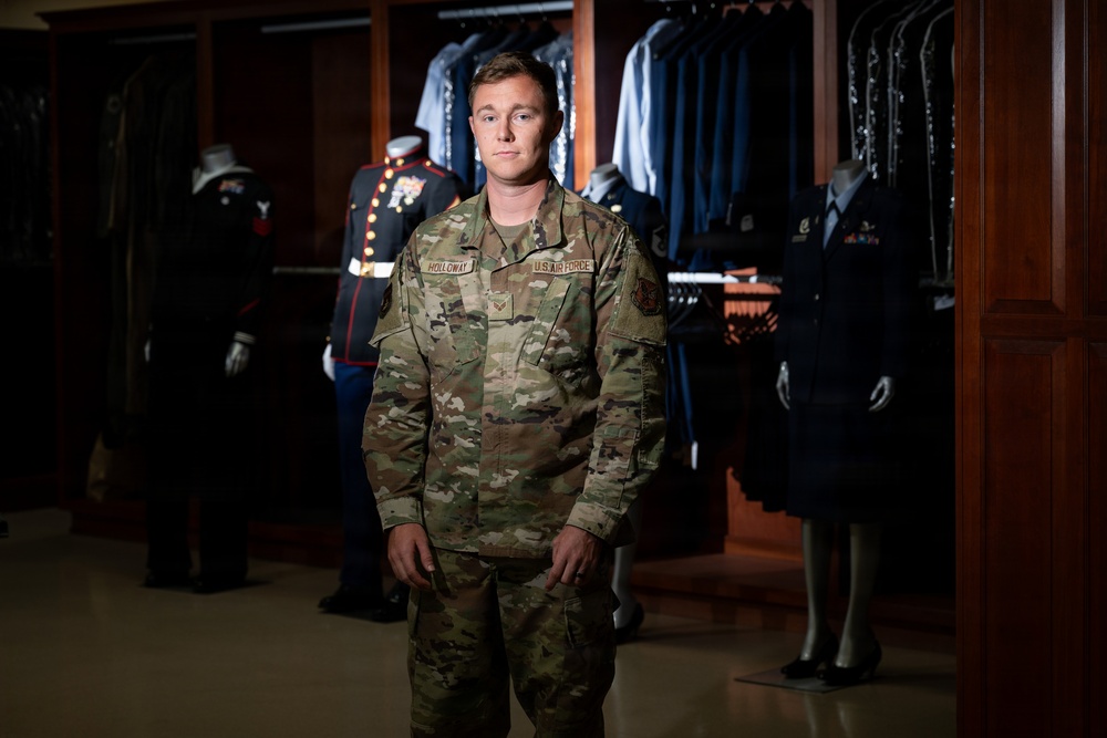U.S. Air Force Senior Airman Jesse Holloway, Air Force Mortuary Affairs Operations uniforms specialist