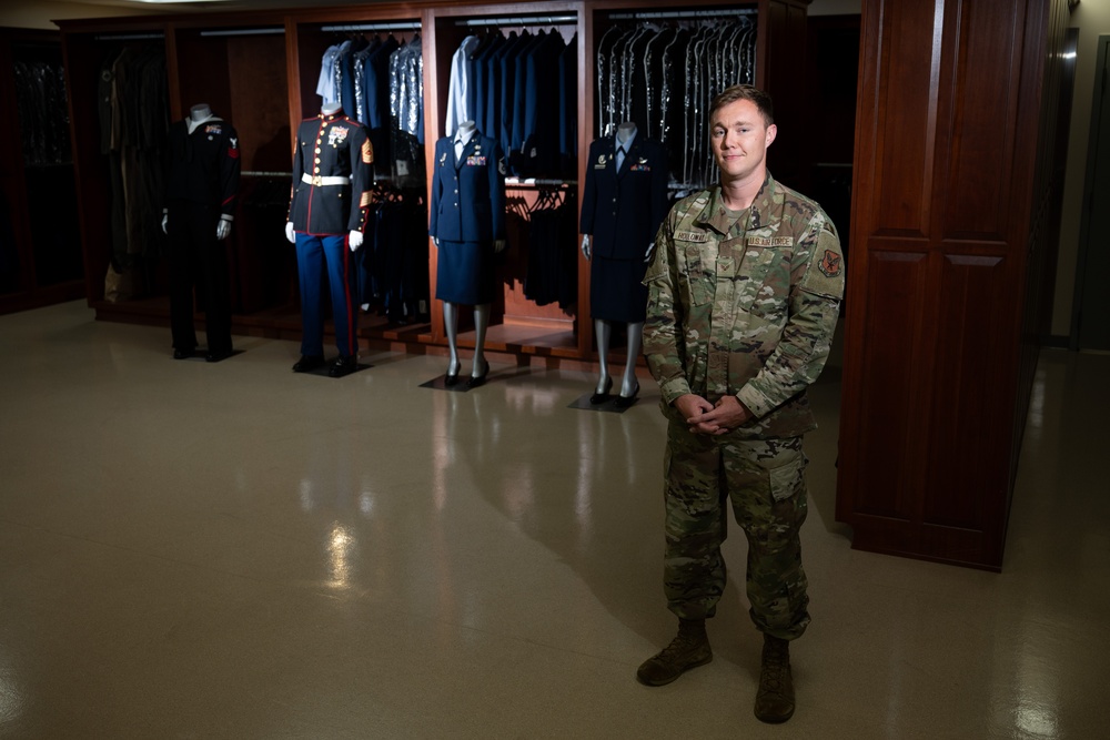 U.S. Air Force Senior Airman Jesse Holloway, Air Force Mortuary Affairs Operations uniforms specialist