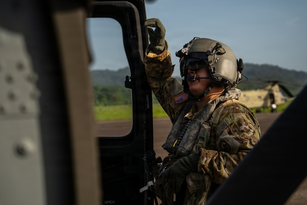 Joint Task Force-Bravo’s 1st Battalion, 228th Aviation Regiment conducts a tactical flyover during PANAMAX 2026’s distinguished visitors day