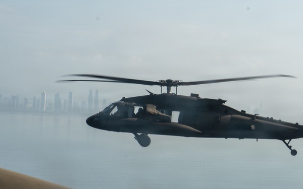 Joint Task Force-Bravo’s 1st Battalion, 228th Aviation Regiment conducts a tactical flyover during PANAMAX 2026’s distinguished visitors day
