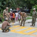 U.S. Navy personnel in uniform are painting yellow road markings, likely a pedestrian crosswalk, on a concrete street in what appears to be a tropical location. Several sailors wearing helmets and tan t-shirts with Navy camouflage trousers are using paint rollers, while a senior officer in full camouflage uniform observes. A group of local children watches the work from the sidewalk, suggesting this is a community assistance or humanitarian mission.