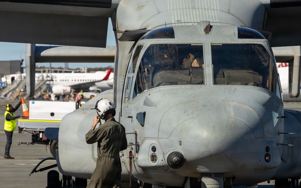 A military helicopter, likely a naval variant, is parked on a civilian airport tarmac surrounded by ground crew in flight suits and helmets. Personnel appear to be conducting pre-flight or post-flight checks, with one crew member communicating via helmet radio near the nose of the aircraft. Commercial airline aircraft and terminal infrastructure, including Qantas and Star branding, are visible in the background.