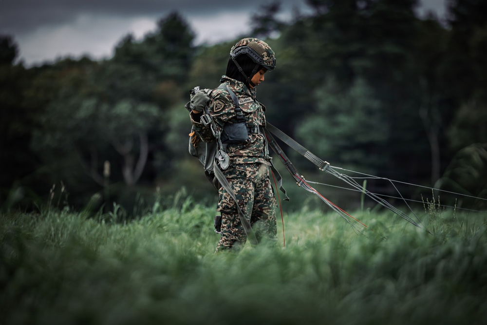 A military paratrooper in full camouflage gear stands in a grassy field after an apparent landing, gathering parachute lines. The soldier is wearing a tactical helmet, harness, and digital camouflage uniform, and appears to be a female service member based on visible facial features. The overcast sky and lush green treeline in the background suggest a training or operational environment.