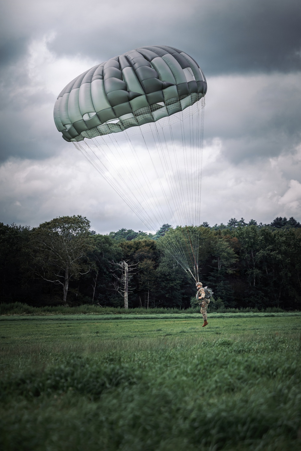 A military paratrooper is captured at the moment of landing in an open green field, suspended just above the ground beneath a large round military-style parachute in dark olive/gray coloring. The scene takes place against a dramatic overcast sky with dense tree lines in the background. The image appears to document a military airborne training or operational jump exercise.