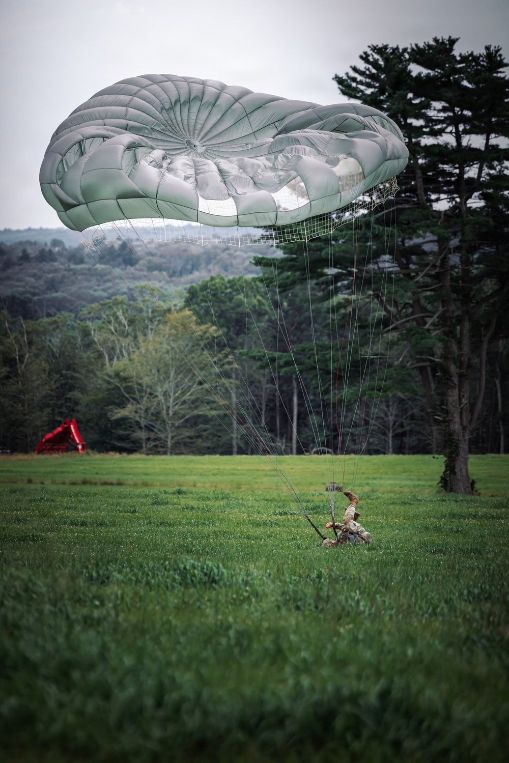 A military paratrooper has just landed on a green grassy field, still connected to a large olive-drab/gray round parachute that remains inflated above them. The jumper appears to be on the ground in a landing roll position, with suspension lines still taut. The setting is a rural open field surrounded by deciduous and coniferous trees under an overcast sky.