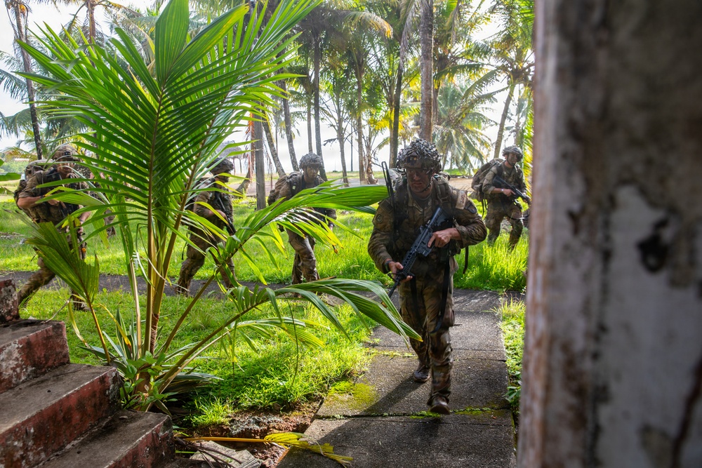 A group of soldiers in full combat gear and camouflage uniforms are conducting a tactical movement through a tropical environment with palm trees and lush vegetation. The soldiers are armed and appear to be executing a patrol or assault exercise near a structure. The setting suggests a tropical coastal region, possibly during a military training exercise.