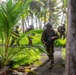A group of soldiers in full combat gear and camouflage uniforms are conducting a tactical movement through a tropical environment with palm trees and lush vegetation. The soldiers are armed and appear to be executing a patrol or assault exercise near a structure. The setting suggests a tropical coastal region, possibly during a military training exercise.